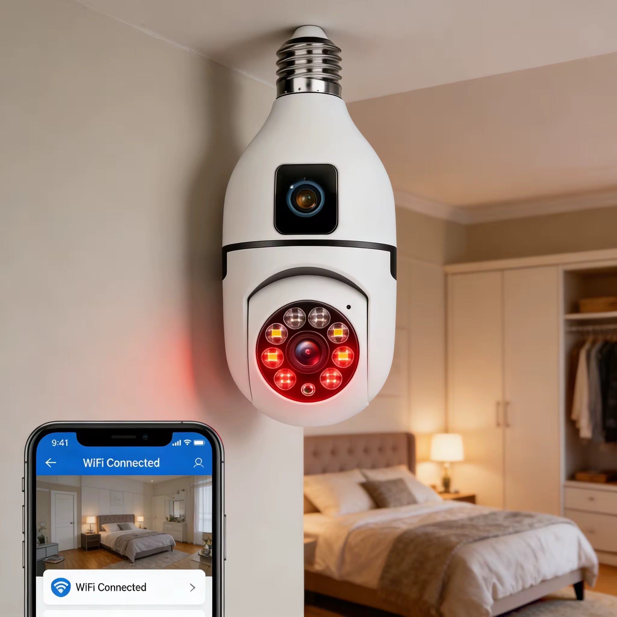 Caméra ampoule à doubles visions rotatives à 360•